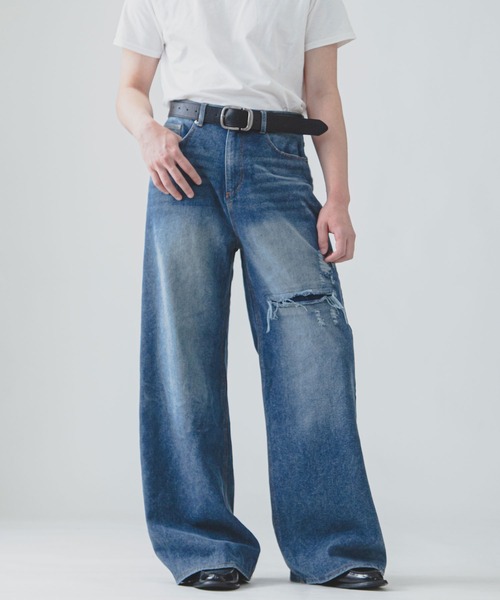 セール】【White Line】 バギー ストレート ダメージ デニム（デニム