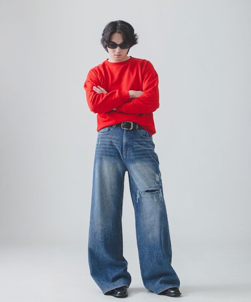 ZIP FIVE -White Line-(ジップファイブホワイトライン)の「【White Line】 バギー ストレート ダメージ デニム(デニムパンツ・メンズ・ブルー/サックスブルー/ブラック・SMALL/MEDIUM/LARGE)」の18枚目の写真