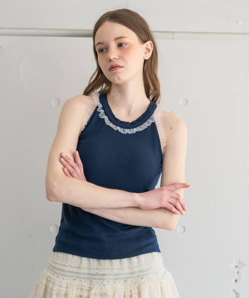idem（イデム）の「cup in tulle frill heart tank top／【カップ付き】アメスリタンクトップ（タンクトップ・レディース・グレイッシュベージュ/ネイビー・FREE）」の7枚目の写真