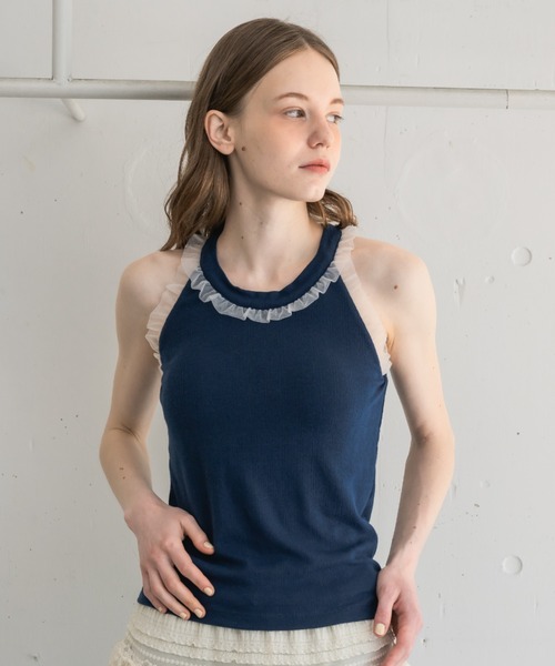 idem（イデム）の「cup in tulle frill heart tank top／【カップ付き】アメスリタンクトップ（タンクトップ・レディース・グレイッシュベージュ/ネイビー・FREE）」の8枚目の写真