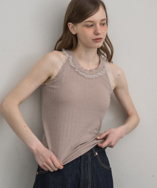 idem（イデム）の「cup in tulle frill heart tank top／【カップ付き】アメスリタンクトップ（タンクトップ・レディース・グレイッシュベージュ/ネイビー・FREE）」の5枚目の写真