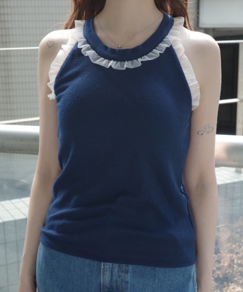 idem（イデム）の「cup in tulle frill heart tank top／【カップ付き】アメスリタンクトップ（タンクトップ・レディース・グレイッシュベージュ/ネイビー・FREE）」の11枚目の写真