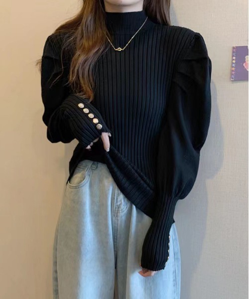 WEGO(ウィゴー)の「WEGO/パフスリーブ袖ボタンハイネックニットトップス(ニット/セーター・レディース・アイボリー/ブラック/ホワイト・FREE)」の13枚目の写真