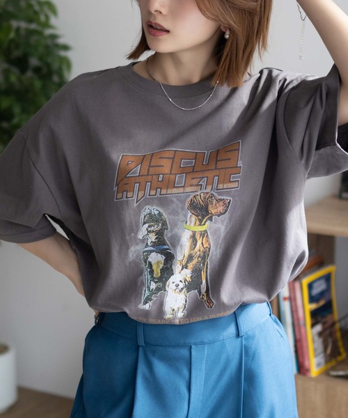 DISCUS(ディスカス)の「DISCUS イヌ アニマル プリントBIG 五分袖Tシャツ(Tシャツ/カットソー・レディース・ホワイト/チャコールグレー・L/M)」の9枚目の写真