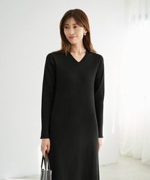 リブ編みVネックロングワンピース