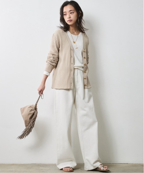 カーディガン 綿100％ワイドリブVネックニットカーディガン「大きいサイズ有」シックスタイル レディース CHIC STYLE カーディガン 綿100％ワイドリブVネックニット