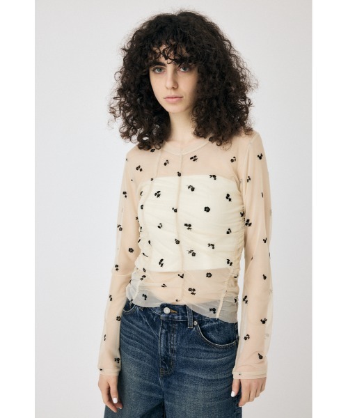 MOUSSY FLORAL TULLE GATHER ロングスリーブTシャツ セール】FLORAL TULLE GATHER ロングスリーブTシャツ（Tシャツ