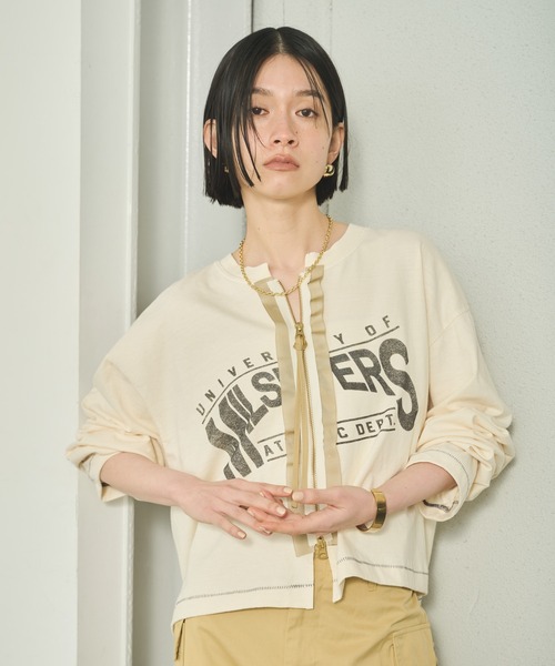 kha:ki(カーキ)の「「KHA:KI / カーキ」 リメイクTEEカーディガン REMAKE TEE CARDIGAN(カーディガン/ボレロ・レディース・ブラック/オフホワイト/サンドベージュ・1)」の2枚目の写真