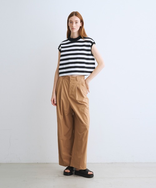 three dots スリードッツ ストレッチワイドパンツ 黒 S セール】 Stretch typewriter tapered pants （その他パンツ