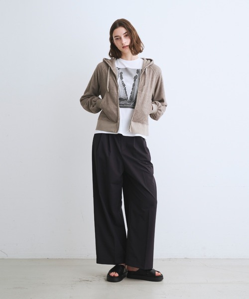 three dots スリードッツ ストレッチワイドパンツ 黒 S ストレッチタイプライター タックワイドパンツ(その他パンツ