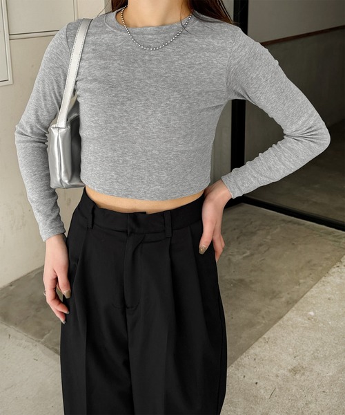 LE MORE（リモア）の「ベーシックショートトップス（Tシャツ/カットソー・レディース・グレー/ブラック・FREE）」の12枚目の写真