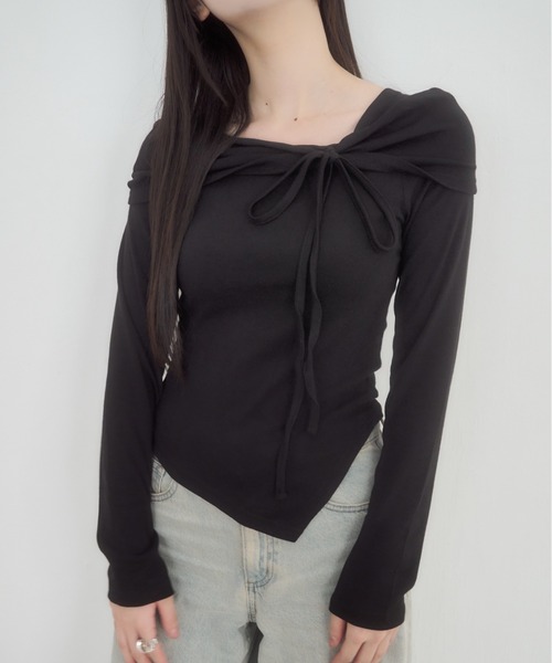 mellowneon（メロウネオン）の「アシメリボンカットソー（Tシャツ/カットソー・レディース・ベージュ/アイボリー/ブラック・FREE）」の2枚目の写真