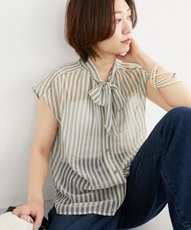 《手洗い可能》楊柳シアーストライプボウタイブラウス