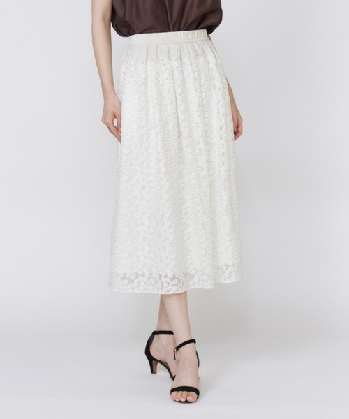 シアーフラワー刺繍タックスカート【セットアップ対応