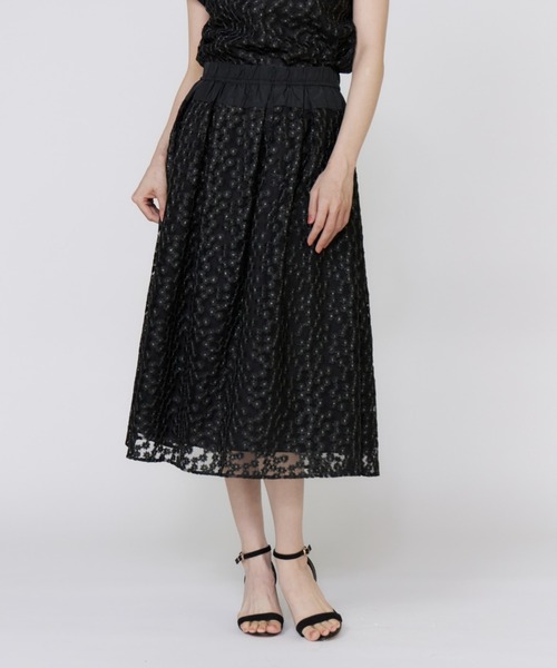 セール】シアーフラワー刺繍タックスカート【セットアップ対応