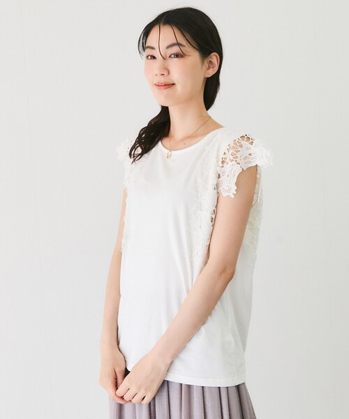 Jayro（ジャイロ）の「袖レースプルオーバー（Tシャツ/カットソー・レディース・ライトグレー/ホワイト系その他/グリーン/ブラック・M）」の6枚目の写真