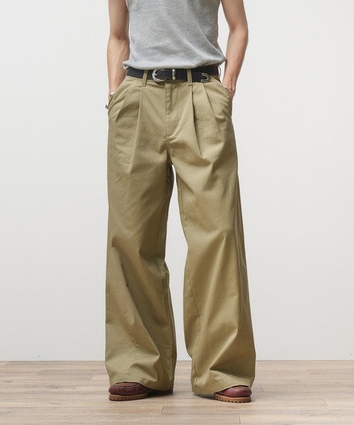 【新品】adoon plain 2タックダーツワイドチノパンツベージュ L完売品 TWO-TUCK DART WIDE CHINO PANTS / 2タックダーツワイド