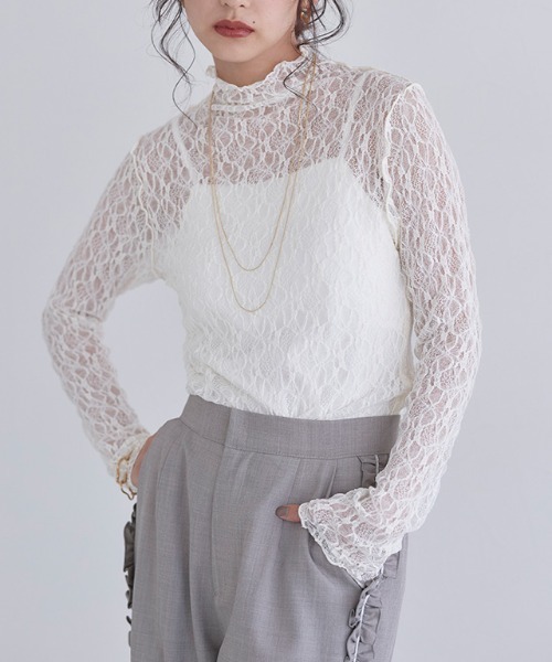 ECLAM(クラム)の「ストレッチレースロンT(Tシャツ/カットソー・レディース・アイボリー/ブラック・M)」の2枚目の写真