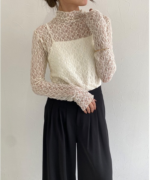 ECLAM(クラム)の「ストレッチレースロンT(Tシャツ/カットソー・レディース・アイボリー/ブラック・M)」の4枚目の写真