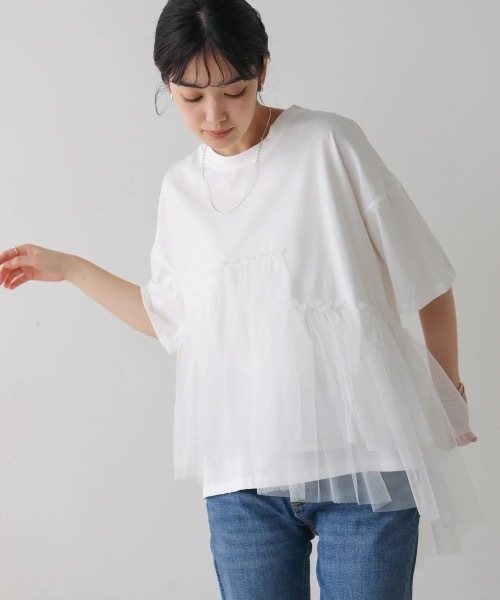 Bou Jeloud(ブージュルード)の「アシメチュールプルオーバー(Tシャツ/カットソー・レディース・ブラック/オフホワイト・FREE)」の1枚目の写真