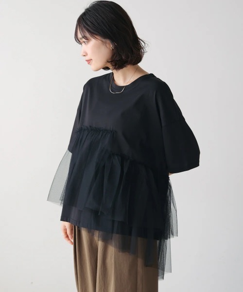 Bou Jeloud(ブージュルード)の「アシメチュールプルオーバー(Tシャツ/カットソー・レディース・ブラック/オフホワイト・FREE)」の3枚目の写真