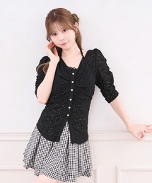 美品 amitie リボン レース Tシャツ カットソー ブラック L セール】レースリボン UネックリブピチT 透け感（Tシャツ