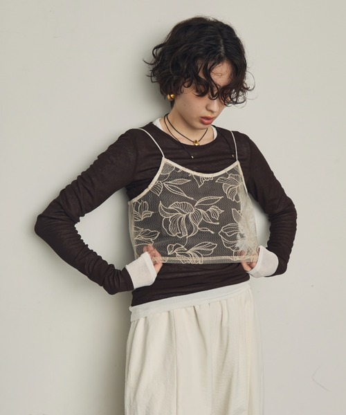 Trish(トリッシュ)の「チュール花柄刺繍ビスチェ(キャミソール・レディース・アイボリー/ブラック・MEDIUM)」の6枚目の写真
