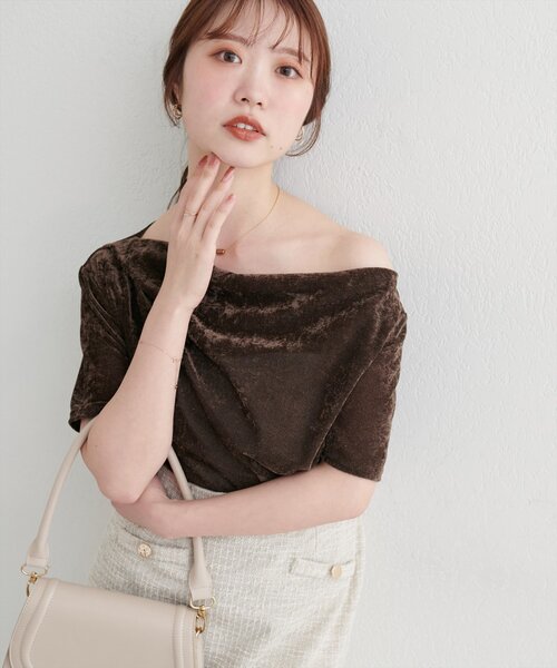 プープレ　半袖 プルオーバー ＊ セール】フロッキーメッシュドレープ半袖プルオーバー（Tシャツ