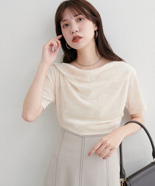 natural couture（ナチュラルクチュール）の「フロッキーメッシュドレープ半袖プルオーバー（Tシャツ/カットソー・レディース・ブラウン/グレイッシュベージュ/アイボリー/チャコールグレー/ブルー・FREE）」の7枚目の写真