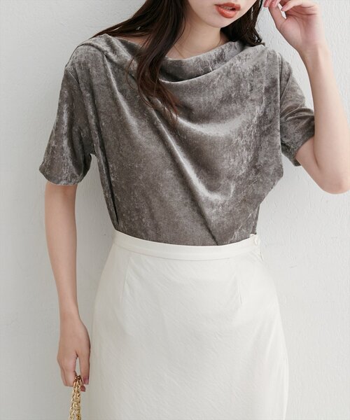 natural couture（ナチュラルクチュール）の「フロッキーメッシュドレープ半袖プルオーバー（Tシャツ/カットソー・レディース・ブラウン/グレイッシュベージュ/アイボリー/チャコールグレー/ブルー・FREE）」の10枚目の写真