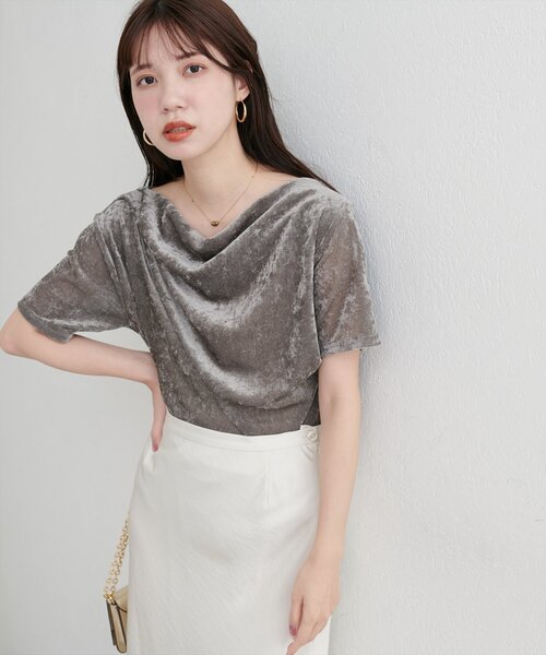 natural couture（ナチュラルクチュール）の「フロッキーメッシュドレープ半袖プルオーバー（Tシャツ/カットソー・レディース・ブラウン/グレイッシュベージュ/アイボリー/チャコールグレー/ブルー・FREE）」の12枚目の写真