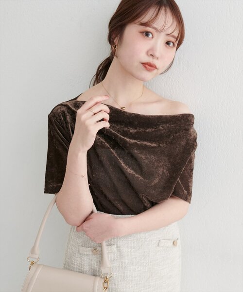 セール】フロッキーメッシュドレープ半袖プルオーバー（Tシャツ
