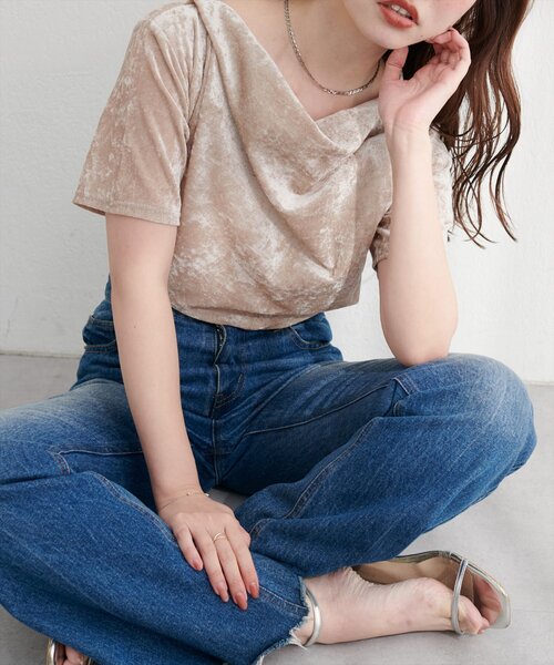 natural couture（ナチュラルクチュール）の「フロッキーメッシュドレープ半袖プルオーバー（Tシャツ/カットソー・レディース・ブラウン/グレイッシュベージュ/アイボリー/チャコールグレー/ブルー・FREE）」の18枚目の写真