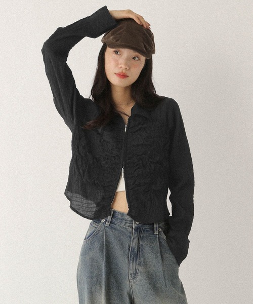 Heather（ヘザー）の「フロントシャーリングZIPシャツ　581600（シャツ/ブラウス・レディース・ブラック/オフホワイト/ブラック系その他・FREE）」の2枚目の写真