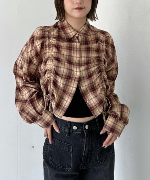 archives（アルシーヴ）の「チェックショートドロストシャツ（シャツ/ブラウス・レディース・ブラック/ブラウン/ブルー・MEDIUM）」の2枚目の写真