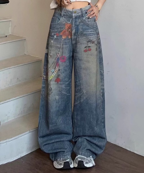 WESTSEA(ウエストシー)の「くま & チェーンプリント デニムライク ワイドパンツ(その他パンツ・レディース・ブルー・M/L)」の4枚目の写真