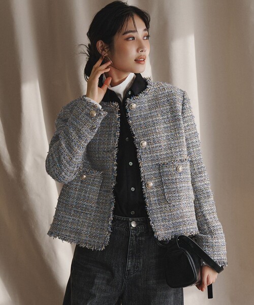 GIOLICAツイード ノーカラー ボタン ジャケット（ノーカラージャケット