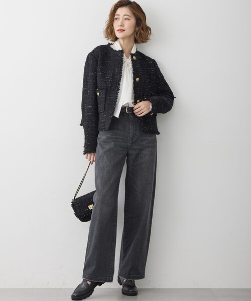 GIOLICAツイード ノーカラー ボタン ジャケット（ノーカラージャケット