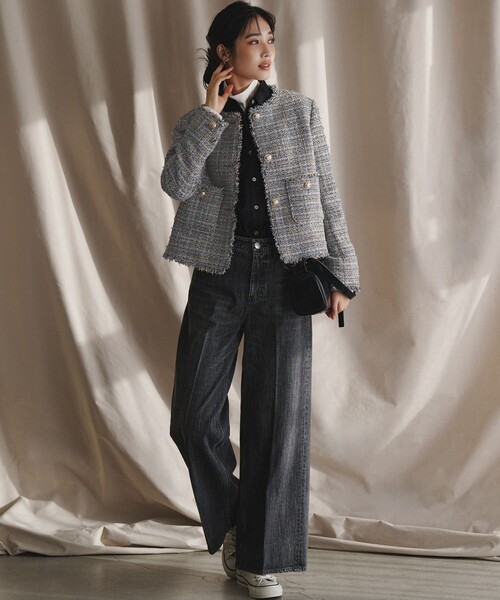 GIOLICAツイード ノーカラー ボタン ジャケット（ノーカラージャケット