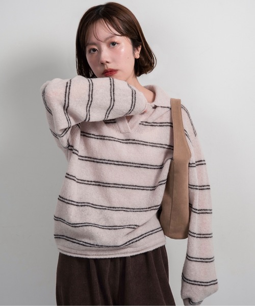 lawgy(ラウジー)の「loose double border key neck knit / ルースダブルボーダーキーネックニット(ニット/セーター・レディース・グレー/ベビーピンク/ホワイト・FREE)」の3枚目の写真