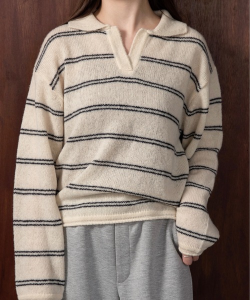 lawgy(ラウジー)の「loose double border key neck knit / ルースダブルボーダーキーネックニット(ニット/セーター・レディース・グレー/ベビーピンク/ホワイト・FREE)」の1枚目の写真