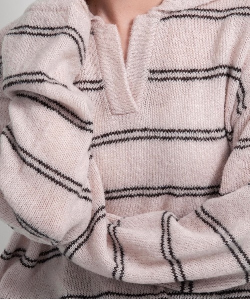 lawgy(ラウジー)の「loose double border key neck knit / ルースダブルボーダーキーネックニット(ニット/セーター・レディース・グレー/ベビーピンク/ホワイト・FREE)」の13枚目の写真