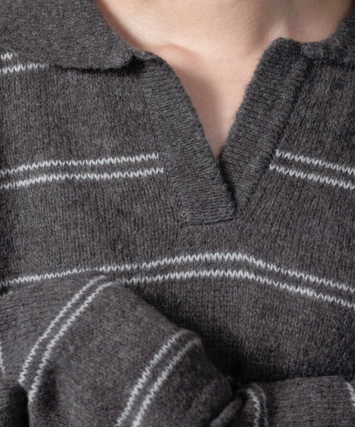 lawgy(ラウジー)の「loose double border key neck knit / ルースダブルボーダーキーネックニット(ニット/セーター・レディース・グレー/ベビーピンク/ホワイト・FREE)」の17枚目の写真