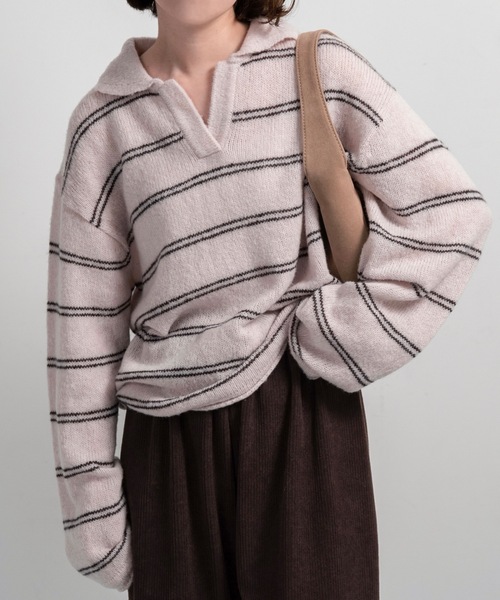 lawgy(ラウジー)の「loose double border key neck knit / ルースダブルボーダーキーネックニット(ニット/セーター・レディース・グレー/ベビーピンク/ホワイト・FREE)」の10枚目の写真