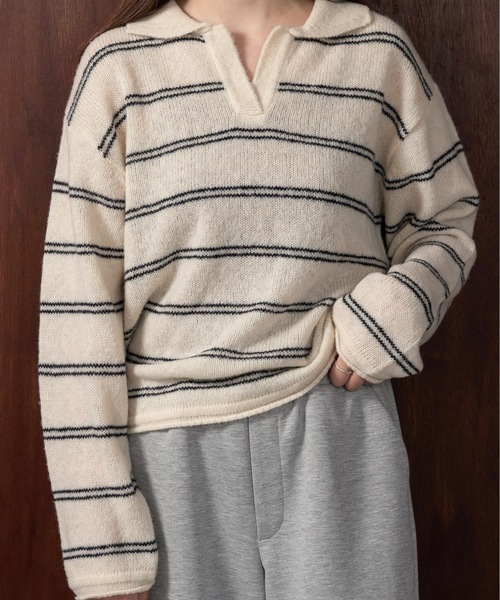 lawgy(ラウジー)の「loose double border key neck knit / ルースダブルボーダーキーネックニット(ニット/セーター・レディース・グレー/ベビーピンク/ホワイト・FREE)」の5枚目の写真