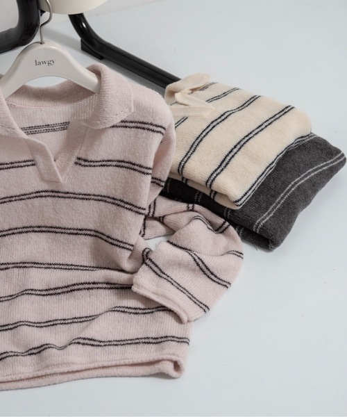 lawgy(ラウジー)の「loose double border key neck knit / ルースダブルボーダーキーネックニット(ニット/セーター・レディース・グレー/ベビーピンク/ホワイト・FREE)」の4枚目の写真