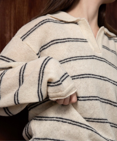 lawgy(ラウジー)の「loose double border key neck knit / ルースダブルボーダーキーネックニット(ニット/セーター・レディース・グレー/ベビーピンク/ホワイト・FREE)」の7枚目の写真