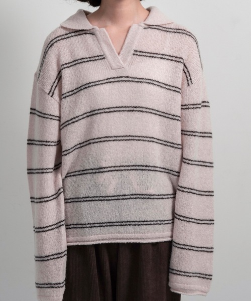 lawgy(ラウジー)の「loose double border key neck knit / ルースダブルボーダーキーネックニット(ニット/セーター・レディース・グレー/ベビーピンク/ホワイト・FREE)」の12枚目の写真