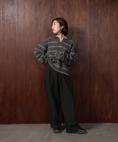 lawgy(ラウジー)の「loose double border key neck knit / ルースダブルボーダーキーネックニット(ニット/セーター・レディース・グレー/ベビーピンク/ホワイト・FREE)」の18枚目の写真