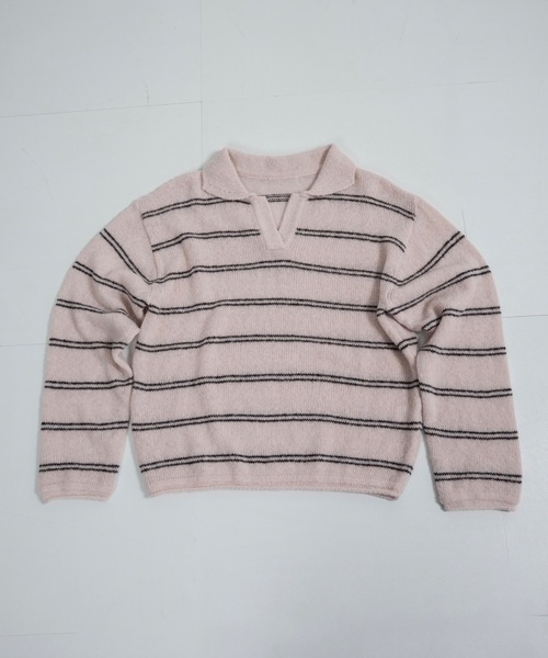 lawgy(ラウジー)の「loose double border key neck knit / ルースダブルボーダーキーネックニット(ニット/セーター・レディース・グレー/ベビーピンク/ホワイト・FREE)」の20枚目の写真